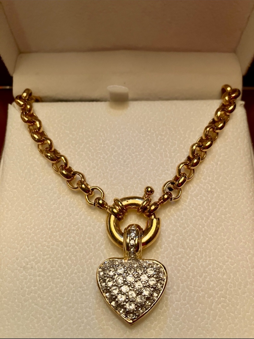 New Gold Heart Pendant Necklace with Pavé Man Made Diamonds in Box